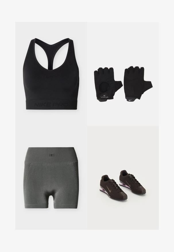 Μαύρο αθλητικό σουτιέν Nike Pro με σχεδιασμό racerback και ελαστική ταινία στο κάτω μέρος, διακοσμημένο διακριτικά με το λογότυπο και τη σήμανση της Nike.; Σκούρα γκρι αδιάκοπα ριμπ ύφασμα biker σορτς με ψηλή μέση και μικρό ανάγλυφο λογότυπο στη μέση, απεικονίζεται σε λευκό φόντο.; Μαύρα αθλητικά παπούτσια με υφή στο πάνω μέρος, καφέ λεπτομέρειες και μωβ σόλα με αερόστρωση. Σχέδιο με κορδόνια και έντονη σήμανση.; Μαύρα γάντια χωρίς δάχτυλα με υφή. Φτιαγμένα από αναπνεύσιμο υλικό, με τρύπα για τον αντίχειρα και ενισχυμένη παλάμη για καλύτερη λαβή.