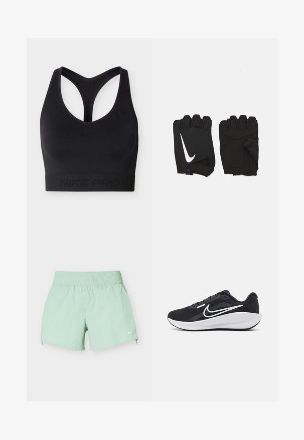 Brassière de sport Nike Pro noire avec design dos nageur et bande élastique en bas, arborant un discret logo et marquage Nike.; Short de sport vert clair avec ceinture élastique et petit logo Nike blanc sur la partie inférieure droite de la jambe sur fond blanc.; Chaussure de sport noire avec une tige en maille, accents blancs, semelle rembourrée et un design épuré. Caractérisée par un bout arrondi et une semelle extérieure plate.; Gants de gym sans doigts noirs en tissu respirant, avec un logo blanc Nike, des paumes rembourrées et un design ouvert au niveau du poignet pour plus de flexibilité.