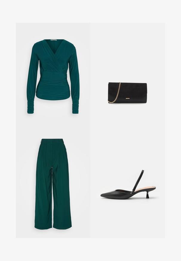 Teal langærmet top med indpakningsdesign, samlede sider og rynkede lange ærmer. Lavet af et blødt, strækbart materiale.; Bredde bukser i mørkegrønt stof, med høj talje, plisseret front og glat overflade. Ingen synlig hardware eller mønstre.; Sorte slingback-pumper med spidse tå, elegant mat finish, lav vinkelhæl og minimalistisk design. Har en tynd ankelrem.; Sort clutch taske lavet af ruskind med en struktureret overflade, udstyret med en guld kædestrop og et elegant, kantet design.