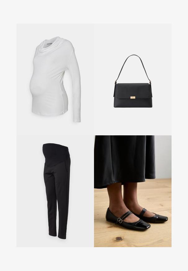 Hvid langærmet graviditetsbluse med en cowl-udskæring, lavet af blødt, strækbart stof; tætsiddende design fremhæver en babybu.; ONLY MATERNITY OLMGISELEA - Bukser - black; Sorte laklæder flade sko med firkantet tå, der har to stropper med spænder. Sålerne er flade på et lyst trægulv.; Sort håndtaske lavet af tekstureret materiale med en struktureret form. Har en klaplukning, en guldfarvet hardwaredetalje og et enkelt håndtag.