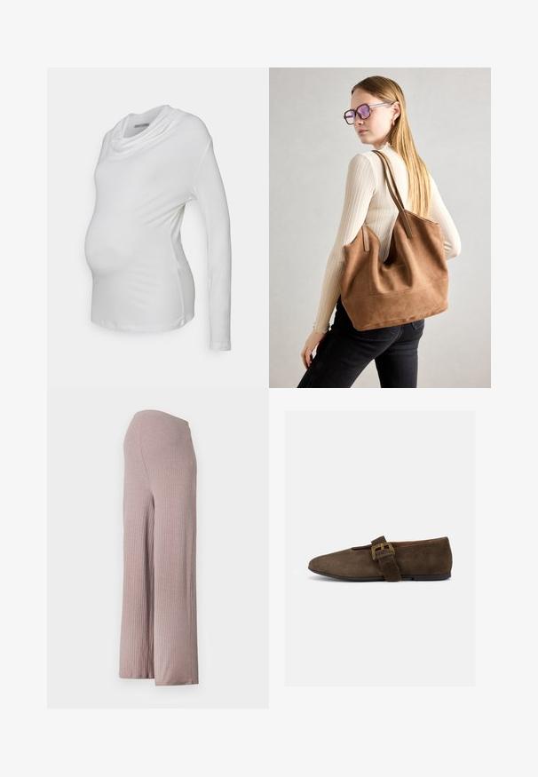 Blusa de maternidad blanca de manga larga con escote tipo cowl, hecha de una tela suave y elástica; el diseño ajustado resalta la barriga del bebé.; Pantalones de pierna ancha de color rosa claro, acanalados, con una cinturilla sin costuras, que presentan un tejido suave y texturizado y una silueta relajada.; Zapato plano de ante marrón con tira ancha y hebilla dorada, puntera redondeada y suela baja negra, mostrado de perfil sobre fondo blanco.; Bolso de tote de ante marrón con textura suave, gran abertura y asas largas. Presenta un diseño sencillo con costuras visibles y sin herrajes.
