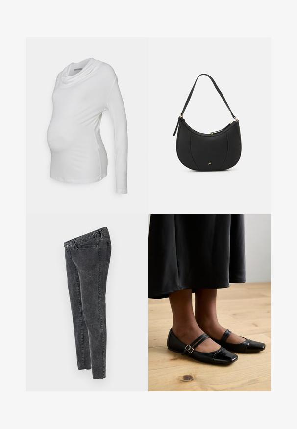 Blusa de maternidad blanca de manga larga con escote tipo cowl, hecha de una tela suave y elástica; el diseño ajustado resalta la barriga del bebé.; MAMALICIOUS Slim fit Mid waist Raw hems - Vaqueros slim fit - grey denim; Bailarinas de charol negro con punta cuadrada, que cuentan con dos tiras con hebillas. Las suelas son planas sobre un suelo de madera clara.; Bolso de mano de cuero negro con forma curva, superficie texturizada, costuras frontales y un logo en tono dorado. Cuenta con una sola correa ajustable.