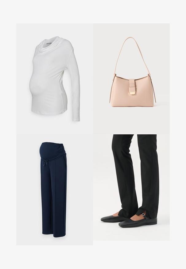 Hvid langærmet graviditetsbluse med en cowl-udskæring, lavet af blødt, strækbart stof; tætsiddende design fremhæver en babybu.; Mørkeblå graviditetsbukser lavet af blødt stof, med en elastisk talje og justerbar snor, samt to sidelommer for ekstra bekvemmelighed.; Ben iført sorte smalle bukser med forreste slidser ved kanten, parret med sorte flade Mary Jane-sko med lille spænde.; Lyserød håndtaske med en buet form, lavet af tekstureret materiale. Har en flad rem og en låsedetalje i guldton på forsiden.
