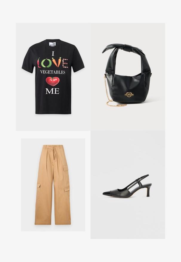 Μαύρο μπλουζάκι με το κείμενο "I LOVE VEGETABLES ME", όπου το "LOVE" είναι γραμμένο με τσίλι, αρακά, καρότα και φασόλια, και μία καρδιά από ντομάτα από κάτω.; Μπεζ cargo παντελόνι με φαρδιά μπατζάκια, πιέτες μπροστά, πλαϊνές τσέπες με καπάκι, θηλιές για ζώνη και υφασμάτινη ζώνη στη μέση.; Μαύρο δερμάτινο παπούτσι slingback με μυτερή μύτη, που διαθέτει γυαλιστερή λεπτομέρεια στην άκρη της μύτης και μεσαίου ύψους τακούνι. Σχεδίαση με ανοιχτές πλευρές.; Μαύρη μαλακή δερμάτινη τσάντα Love Moschino με δεμένη λαβή και χρυσή αλυσίδα σε λευκό φόντο.