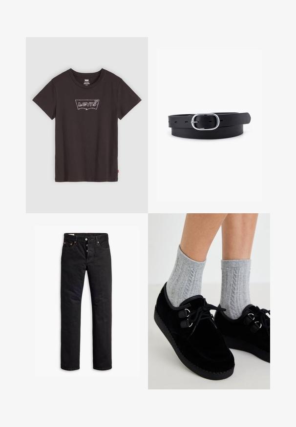 Schwarzes Baumwoll-T-Shirt mit kurzen Ärmeln, das ein mit Strass besetztes Levi's-Logo auf der Brust und einen normalen Schnitt aufweist.; Schwarze Denim-Jeans mit geradem Schnitt, Fünf-Taschen-Design und Knopfverschluss. Mit Kupfennieten und Nähtelementen.; Schwarze Samt-Schuhe mit flachen Sohlen, runder Zehenform und doppelten Ösen. Getragen mit grauen, grob gestrickten Socken. Glatte Textur und schlichtes Design.; Schwarzer Leder Gürtel mit glatter Textur, ovaler silberner Metallschnalle und mehreren Einstelllöchern entlang des Riemens. Flaches, minimalistisches Design.