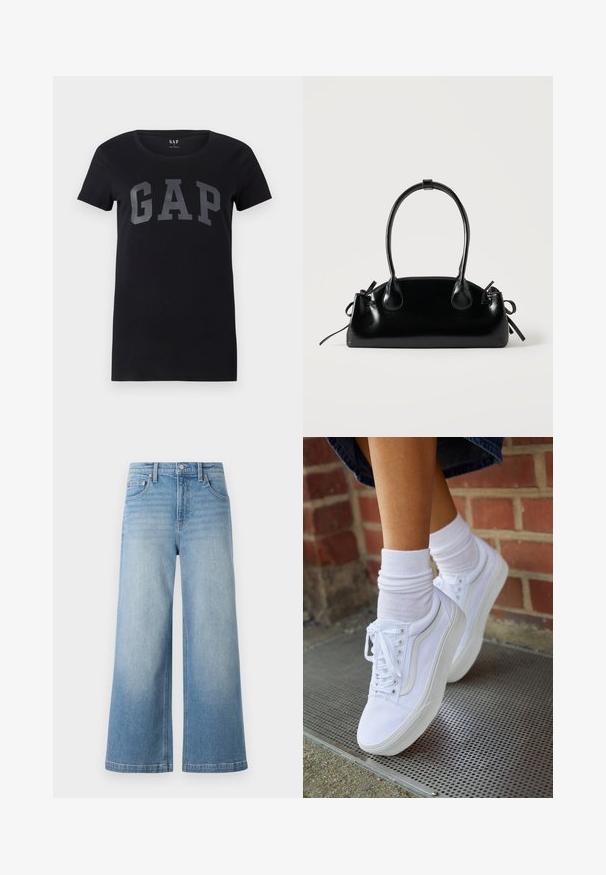 Musta lühikeste varrukatega T-särk, millel on ringikujuline krae, valmistatud puuvillast. Esiküljel on silmatorkav hall "GAP" logo.; Heledad sinine denim laiad püksid kõrge vöökohaga, viie taskuga disain, nähtav õmblus ja nööbiga sulgur ees.; Valged kanvas tennisikud kummitaldadega, kuue silmaga, ümmarguse varbaga ja kergete tikandite detailidega, koos valgete pahkluusokkidega.; Väike must läikiv käekott kahe pika sangaga ja külgedel paelakinnitustega, ühel lihtsal helel taustal.