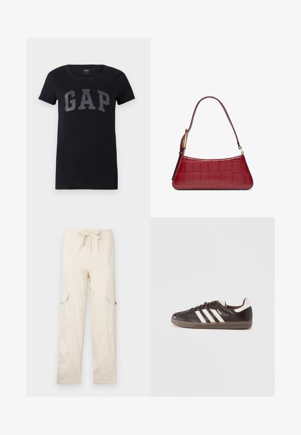 Musta lyhythihainen t-paita, joka on valmistettu puuvillasta ja jossa on pyöreä kaula-aukko. Edessä on rohkea harmaa "GAP" -logo.; Vaaleat beige cargo-housut, joissa on naru vyötäröllä, kaksi sivutaskua ja ommeltu yksityiskohtia. Valmistettu kevyestä puuvillamateriaalista.; Tummanruskeat nahkakengät, joissa valkoinen kolmiraidallinen kuvio, kumipohja ja sivussa kullanvärisellä kirjaimilla teksti "Samba". Klassinen matala malli.; Pieni punainen laukku krokotiilin pintakuvioinnilla ja yhdellä olkahihnalla, jossa on kultainen solki valkoisella taustalla.