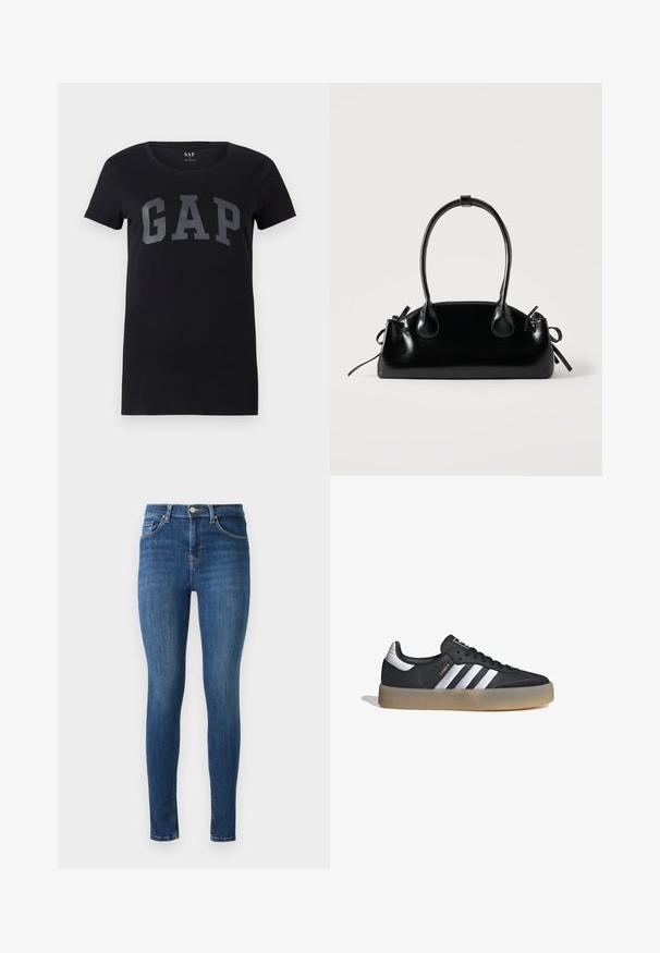 Camiseta negra de manga corta hecha de algodón con cuello redondo. Presenta un atrevido logo gris de "GAP" impreso en la parte delantera.; Jeans ajustados en denim azul oscuro con cinco bolsillos, cierre frontal de botón y una textura suave. Ligeramente desgastados en los muslos y las rodillas.; Zapatilla deportiva de cuero negro con tres rayas plateadas, punta texturizada y suela de goma. Cuenta con un collar acolchado y un diseño con cordones.; Pequeño bolso negro brillante con dos asas largas y detalles de cordón lateral sobre un fondo claro liso.