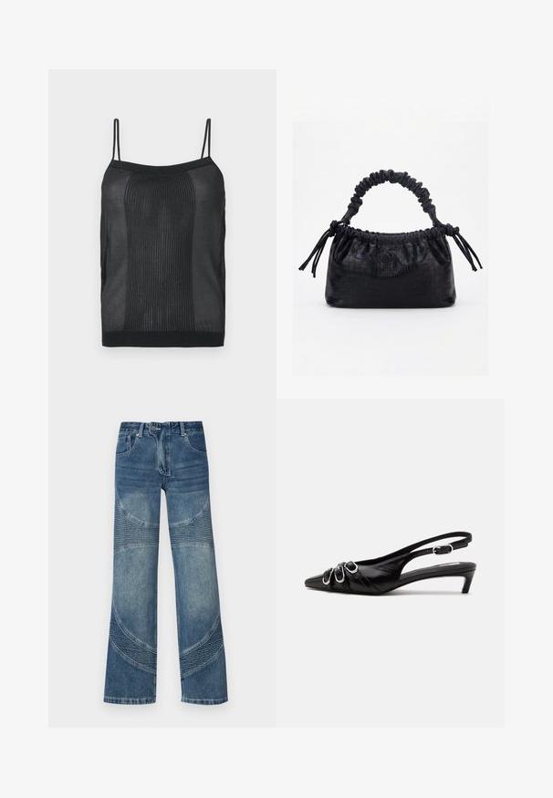 Zwarte mouwloze geribbelde gebreide camisole met dunne schouderbandjes en een rechte halslijn op een neutrale achtergrond.; Hoge taille blauwe denim jeans met brede pijpen, voorzien van gebogen naaddetails en ribbelsecties aan de onderkant. Casual stijl.; Zwarte leren slingback schoen met puntige neus, drie zilveren gespen aan de voorkant en lage kittenhak op witte achtergrond.; Zwarte handtas met krokodillenstructuur, geplooide bovenrand, samengevoerde handgreep en koordtassels aan elke kant tegen een witte achtergrond.