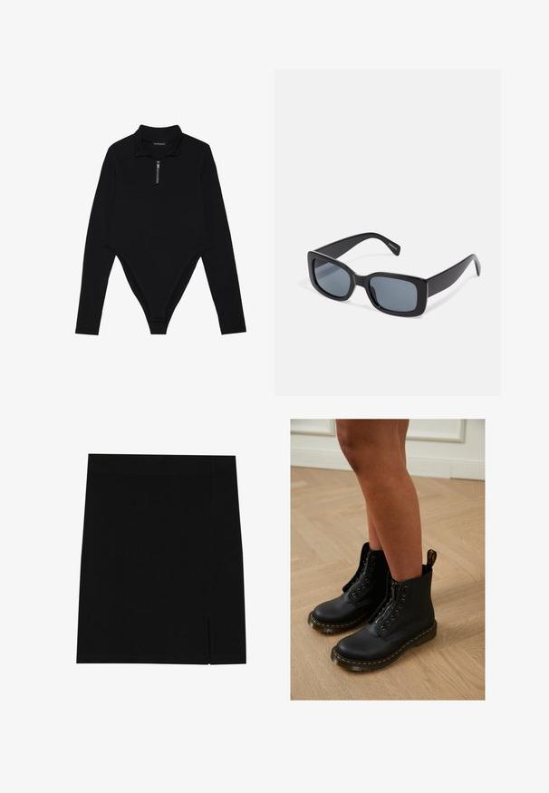 Sort langærmet bodysuit med høj krave, halvlange lynlås og en tætsiddende pasform med en thong-bagudskæring. Blød stofstruktur.; Sort mini nederdel lavet af blødt stof med en tætsiddende design, der har en lille slids på siden for ekstra detalje.; Sorte læder ankelstøvler med lynlås og snøredesign, der har gule stikninger og en tyk, struktureret sål.; Sorte rektangulære solbriller med mørkt tonede linser, tyk plastramme og brede stænger. Glat overflade og kantet design.