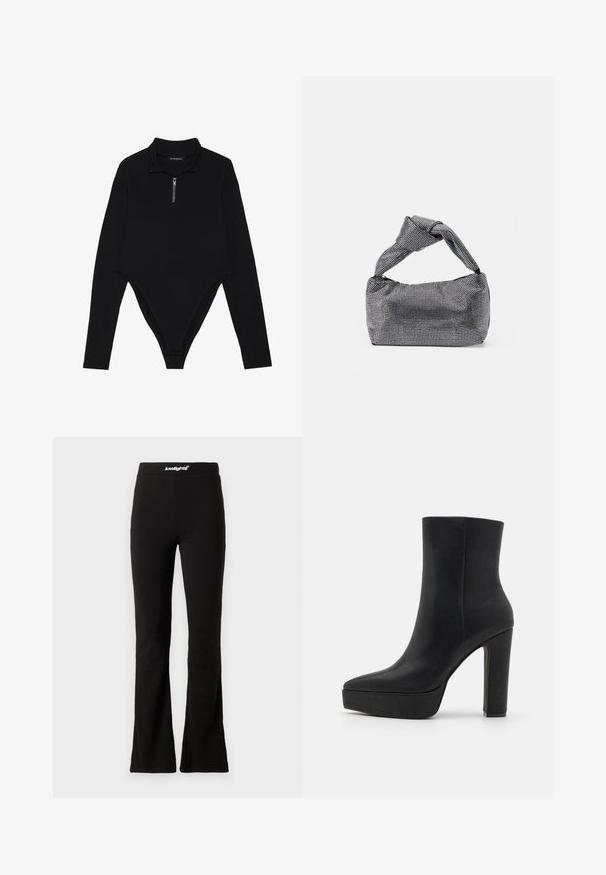 Sort langærmet bodysuit med høj krave, halvlange lynlås og en tætsiddende pasform med en thong-bagudskæring. Blød stofstruktur.; Sorte flaired leggings med en glat tekstur og elastisk talje, der har et hvidt logo. Designet til komfort og fleksibilitet.; Sort ankelstøvle lavet af tekstureret læder med en spids snude, en chunky plateau og en høj blokhæl. Glat overflade, minimal detaljering.; Sorte og sølv håndtaske med en tekstureret overflade, der har et diamantmønster, en knyttet håndtag og en struktureret form.