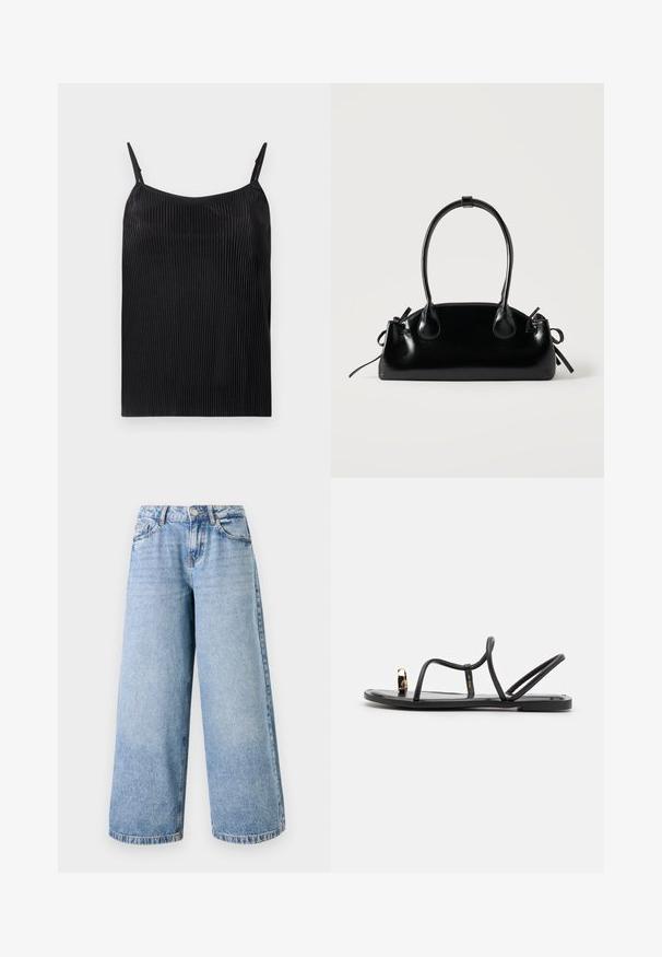 Camisole noire avec texture côtelée verticale, fines bretelles réglables et coupe ample. Le tissu a un léger lustre sur l'ensemble.; Jean bleu clair à jambes larges en denim, avec une taille haute, une fermeture à glissière et un design à cinq poches. Coutures visibles le long des jambes.; Sandales noires plates avec des fines lanières et un anneau pour les orteils, comportant un accent doré sur le orteil. Fabriquées dans un matériau lisse et brillant.; Petit sac à main noir brillant avec deux longues anses et des détails à cordon sur les côtés sur un fond clair uni.