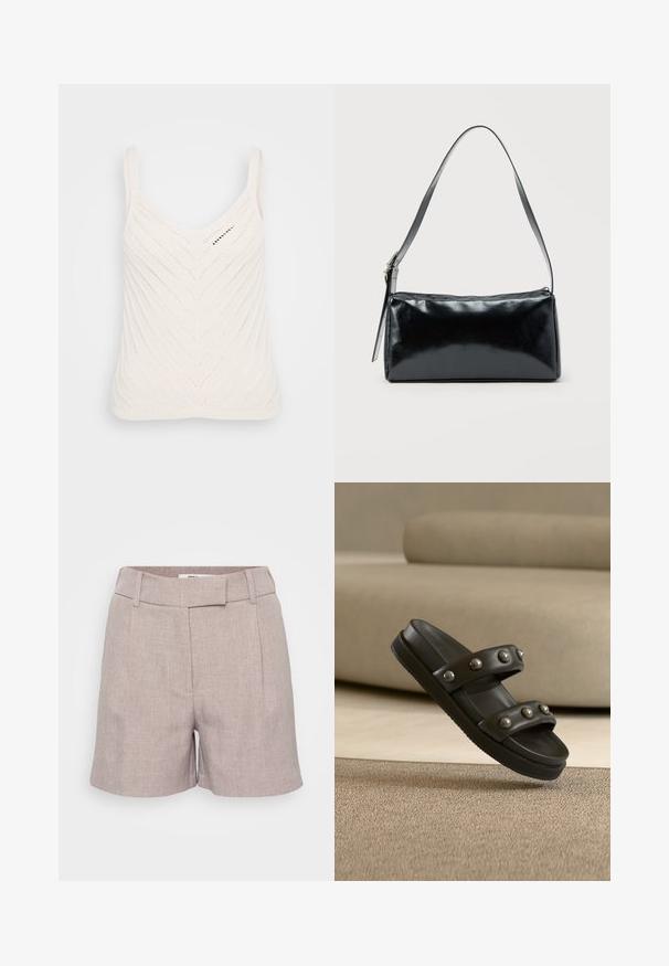 Hvid strikket tanktop med V-hals, der har et zigzag-mønster og tynde stropper. Teksturen er let og luftig.; Lysegrå linnedshorts med en struktureret overflade, der har en flad front, bæltestropper og sidelommer. Skræddersyet pasform med knælængde.; Sort slidssandal med to polstrede remme, hver prydet med seks sølv round nitter, hvilende på beige tæppe med en matchende sofa i baggrunden.; Sort rektangulær skuldertaske med en enkelt justerbar rem og lynlås i toppen på en ensfarvet baggrund.
