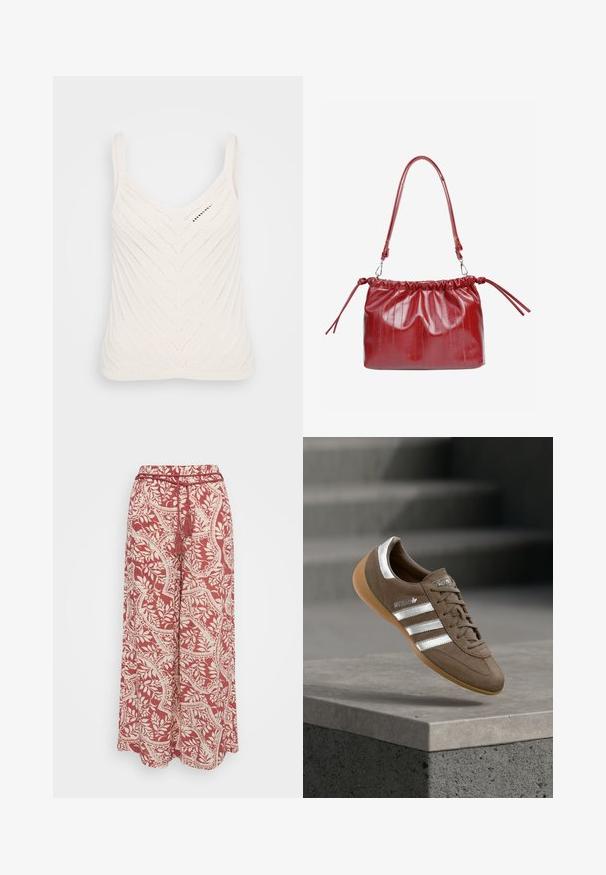 Top de punto blanco sin mangas con escote en V, que presenta un patrón de chevron y tirantes finos. La textura es ligera y transpirable.; Vero Moda Petite VMBALI WIDE PANTS - Pantalones - marsala; Zapatilla deportiva de ante marrón con franjas blancas y detalles plateados, con parte superior texturizada, diseño con cordones y suela de goma color chicle.; Bolso rojo de charol con parte superior fruncida, correa ajustable y lazos laterales. Textura lisa con sutiles líneas verticales.