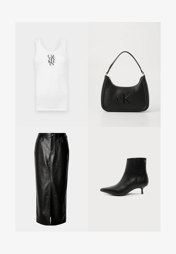 Biela tielko s okrúhlym výstrihom, vyrobené z bavlny. Obsahuje vertikálny čierny text "CALVINKLEIN" v tučnom serifovom písmene.; Čierna kožená midi sukňa so striedmym strihom, predným rozparkom a klasickým dizajnom s piatimi vreckami a kovovými detailmi.; Čierna kožená členková šnúrovacia obuv s ostrou špičkou a nízkym kitten podpätkom na svetlom pozadí, pohľad z vonkajšej strany.; Čierna kožená kabelka so zakriveným tvarom, s zlatým zipsom a jemne embosovaným logom "cK". Hladká textúra a jediná rúčka.