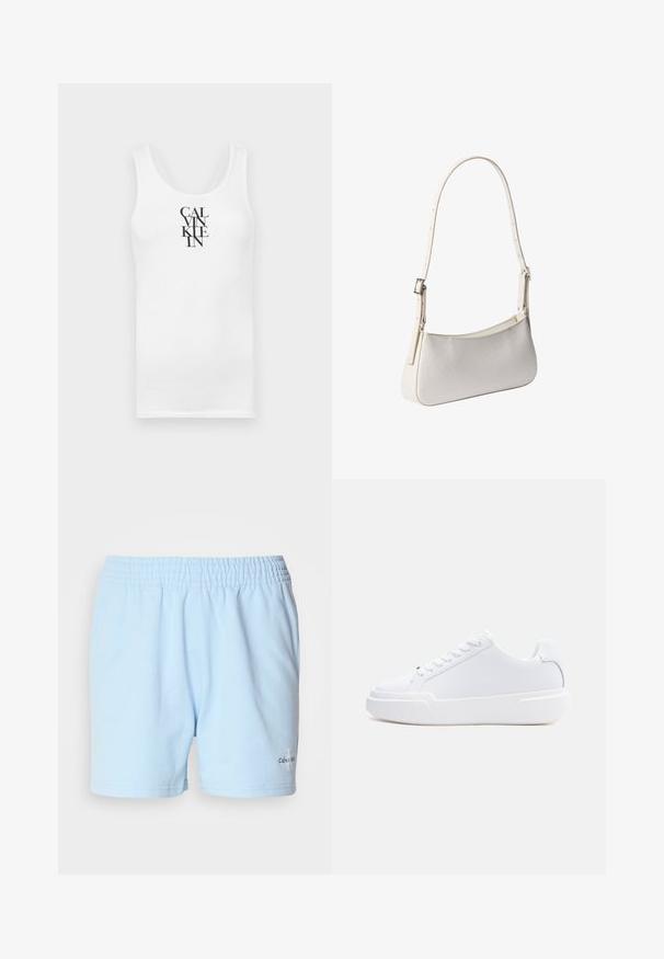 Valge tops ümmarguse kaelusega, valmistatud puuvillast. Omab vertikaalset musta teksti "CALVINKLEIN" julges serif-kirjas.; Heledad sinine lühike püksid elastse vööga, millel on "Calvin Klein" logo hemmi lähedal, esitatud neutraalses taustas.; Valge madala säärega tenniskingad, millel on nööritav kinnitus, paks tald ja sile pealispind, nähtud välisküljelt heledal ühtlasel taustal.; Valge õlakott reguleeritava rihmaga ja peene tekstuuriga mustriga, ristkülikukujuline ümarate nurkadega, hõbedane pandlaga rihm.