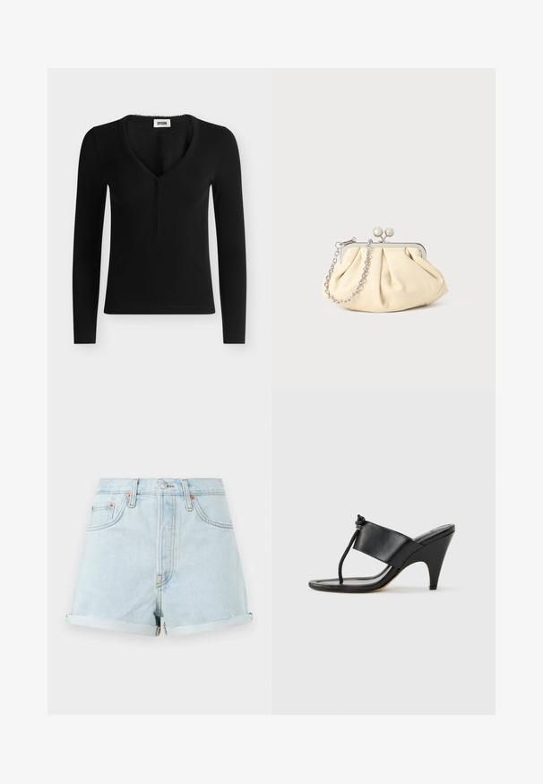 Schwarzes langärmeliges, geripptes Top mit V-Ausschnitt und kleinem Knopfleistenverschluss, mit dem Label Drykorn, auf einfarbigem Hintergrund dargestellt.; Hellblaue Denim-Shorts mit hoher Taille, umgekrempelten Säumen, Kupfernieten und einem Reißverschluss vorne. Klassisches Fünf-Taschen-Design.; Schwarze Sandalette mit hohem Absatz, breitem Vorderriemen und Zehenschlaufe mit einer geknoteten Kordel als Detail, seitlich auf weißem Hintergrund dargestellt.; Faltige beigefarbene Ledertasche mit einem silbernen Metallrahmen, ausgestattet mit zwei runden dekorativen Verschlüssen und einem silbernen Kettenriemen.