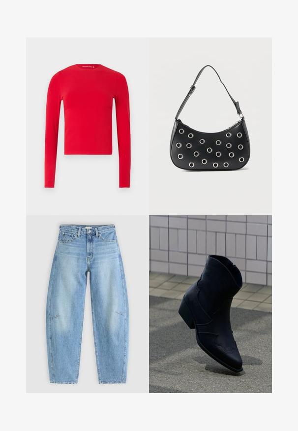 Rød langærmet tætsiddende crop top med rund hals og glat tekstur, vist mod en ensartet lys baggrund.; Lyseblå denimjeans med en afslappet pasform, der har høj talje, lige ben og diskrete syninger på frontlommen.; Sort læderankelstøvle med lav hæl, dekorative syninger og spids tå, placeret opret på en brolagt overflade ved siden af en flisebelagt væg.; Sort læder skuldertaske med justerbar rem, dekoreret med sølvfarvede metalnitter og lukning med øverste lynlås.