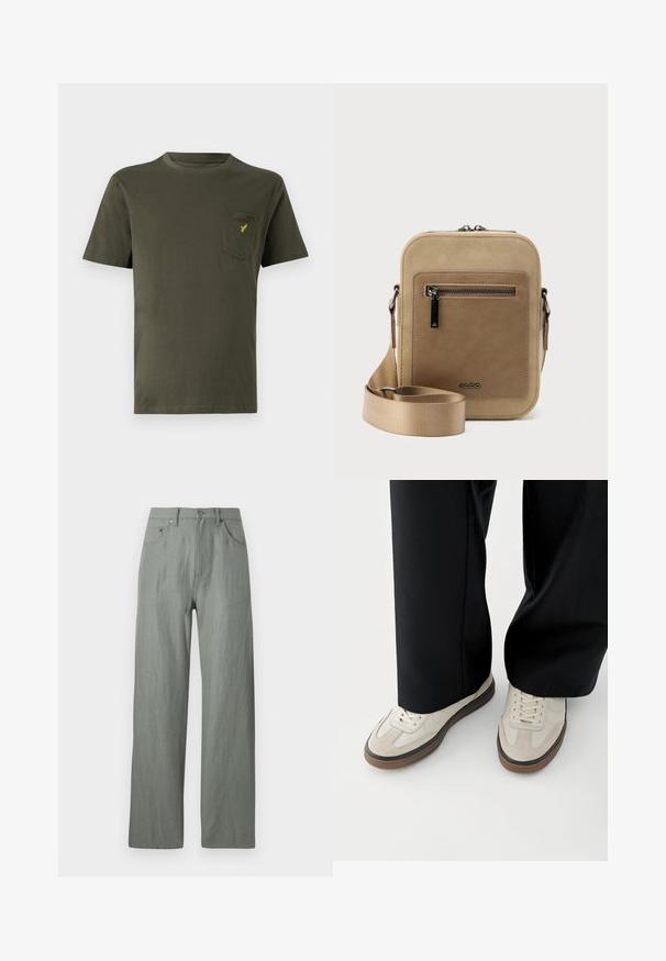 Camiseta de algodón verde oliva con cuello redondo, mangas cortas y un bolsillo en el pecho izquierdo que presenta un pequeño logo amarillo. Textura suave.; Pantalones de pierna ancha en verde claro, hechos de una tela suave y texturada. Incluye un cierre de botón frontal y cinco bolsillos.; Pies con zapatillas beige con suelas marrones y pantalones negros de pierna ancha sobre un fondo blanco.; Bolso pequeño beige tipo bandolera con bolsillo frontal con cremallera, logo metálico de ALDO, correa ancha ajustable y forma rectangular redondeada sobre fondo blanco.