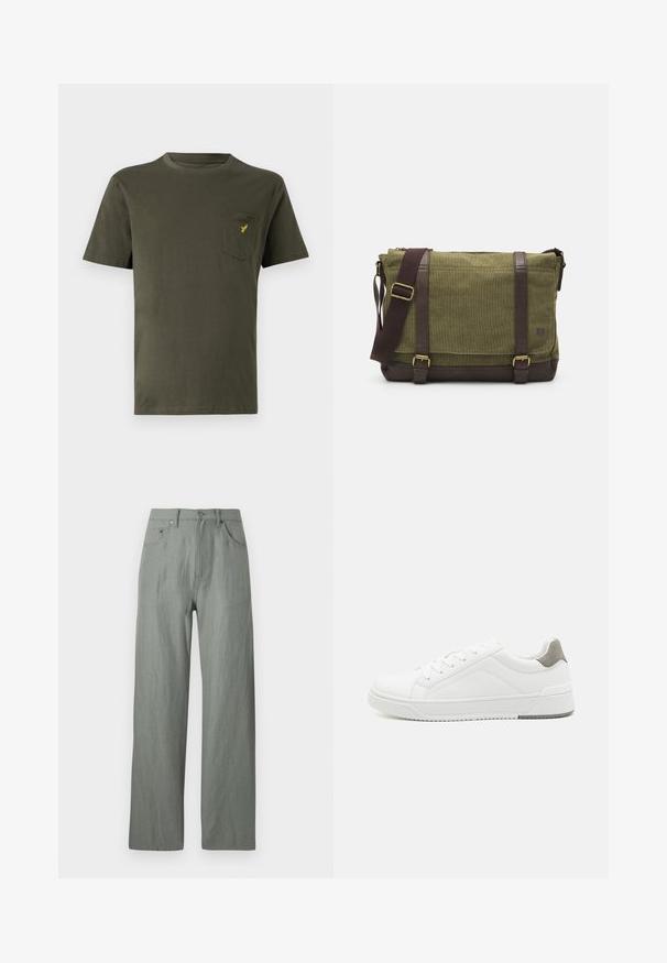 T-shirt en coton vert olive avec un col rond, des manches courtes et une poche sur la poitrine gauche ornée d'un petit logo jaune. Texture lisse.; Pantalons larges vert clair en tissu texturé doux. Comprend un système de fermeture à bouton à l'avant et cinq poches.; Basket blanche en cuir lisse, à bout arrondi, design minimaliste, accent de talon gris et semelle en caoutchouc texturé.; Sac messager en tissu vert avec des accents en cuir marron, un rabat à l'avant, une bandoulière réglable et une fermeture à glissière sur le dessus. Caractéristiques en métal doré.
