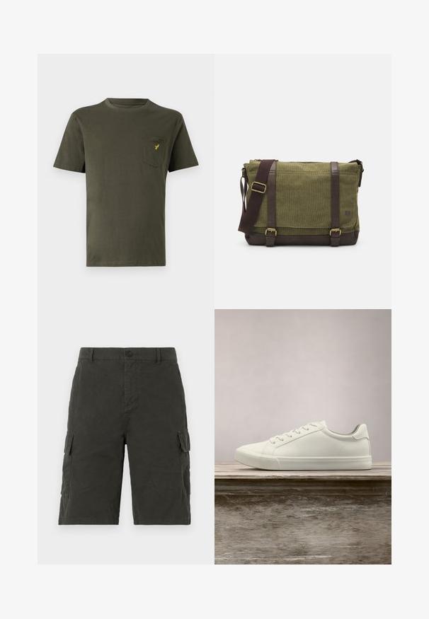 T-shirt en coton vert olive avec un col rond, des manches courtes et une poche sur la poitrine gauche ornée d'un petit logo jaune. Texture lisse.; Shorts cargo verts foncés en tissu léger, dotés de deux poches latérales et d'une fermeture à bouton à la taille.; Sneaker en dentelle blanche flottant au-dessus d'un banc en bois avec un feuillage vert en arrière-plan, mettant en valeur le design et la texture de la chaussure.; Sac messager en tissu vert avec des accents en cuir marron, un rabat à l'avant, une bandoulière réglable et une fermeture à glissière sur le dessus. Caractéristiques en métal doré.