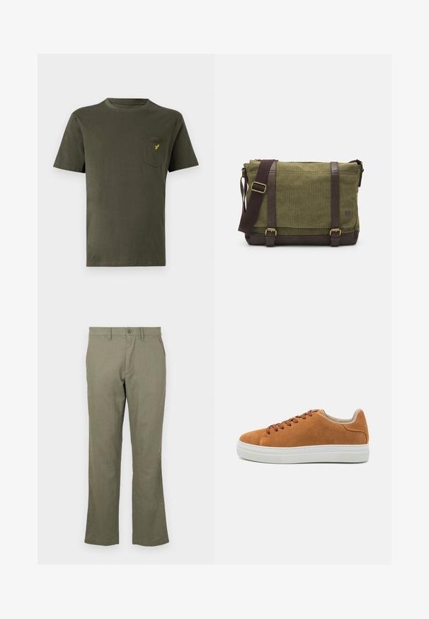 Olivegrünes Baumwoll-T-Shirt mit Rundhalsausschnitt, kurzen Ärmeln und einer linken Brusttasche, die mit einem kleinen gelben Logo versehen ist. Glatte Textur.; Lässige olivgrüne Hose aus einem weichen Stoff. Mit geradem Beinschnitt, Fronttaschen und Knopfverschluss. Keine sichtbaren Muster.; Helle Wildleder-Sneaker mit braunen Schnürsenkeln, einer weißen Gummisohle, runder Zehenform und minimalistischem Design, das einen strukturierten Fersenakzent aufweist.; Grüne Stoff-Umhängetasche mit braunen Lederakzenten, einer Vorderklappe, verstellbarem Schultergurt und Reißverschlussverschluss an der Oberseite. Ausgestattet mit goldenen Beschlägen.
