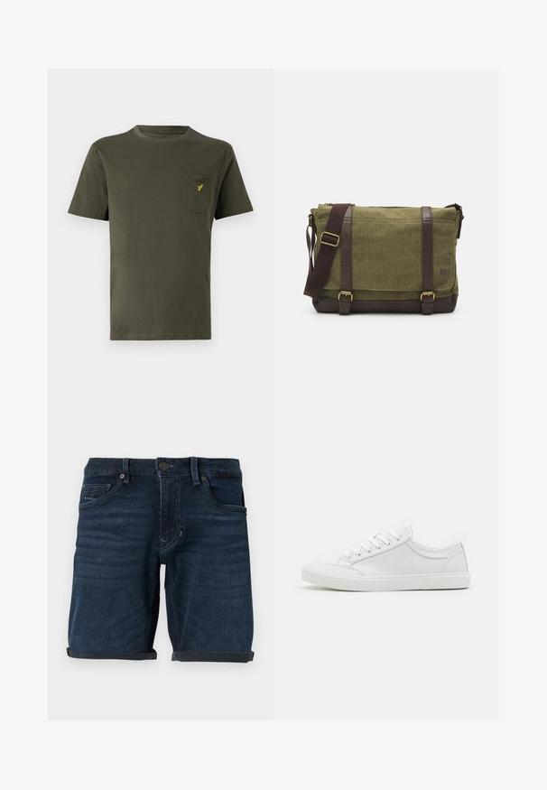 Olivengrøn bomulds t-shirt med ribbet krave, korte ærmer og en venstre brystlomme med et lille gult logo. Glat tekstur.; Mørkeblå denim shorts med opbrettede manchetter, der har forlommer, knaplukning og mærke på baglommen.; Hvide sneakers med en glat læderoverdel, rund tå, flad gummisål og seks øjestik til snørebånd. Subtile syninger og minimalistisk design.; Grøn stof messenger taske med brune læderdetaljer, en frontklap, justerbar skulderrem og lynlåslukning på toppen. Har guld hardware.