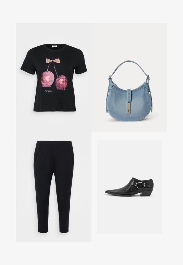 Camiseta negra de manga corta que presenta un gráfico de dos cerezas rosas con un lazo, y el texto "La cerise sur le gâteau" en blanco.; Pantalones negros de corte relajado, con cinturilla elástica y suaves pliegues. Confeccionados en una tela suave, con piernas ajustadas y sin bolsillos.; Botas de cuero negras hasta el tobillo con puntera puntiaguda, que presentan una correa de cuero en la parte delantera y un detalle de hebilla plateada, además de un tacón bajo y cuadrado.; Bolso de hombro de denim azul claro con forma curva, una sola correa y cierre plateado con pequeño logo de jinete en el centro delantero.