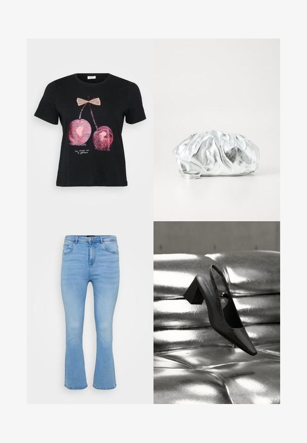 Sort kortærmet t-shirt i sort med et grafik af to pink kirsebær med en sløjfe og teksten "La cerise sur le gâteau" i hvid.; Lyseblå flagrende jeans i denim af bomuld. Features høj talje, fem lommer og synlige sømme langs sømme og kant.; Sort slingback-hæl med spids tå, der har en tekstureret overflade og en chunky blokhæl. Lagt mod en skinnende, metallisk baggrund.; Metallisk sølv clutch taske med en blød, samlet krop og en tynd skulderrem. Har en glat, skinnende overflade og rund form.