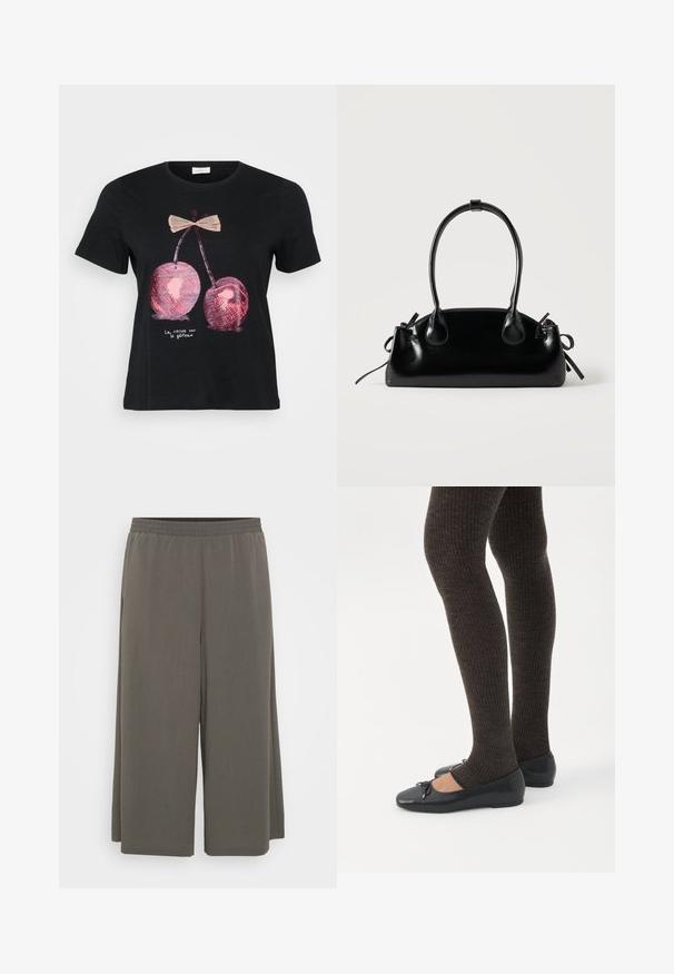 T-shirt noir à manches courtes avec un motif de deux cerises roses ornées d'un nœud, et le texte "La cerise sur le gâteau" en blanc.; Pantalons larges gris avec une taille élastique, fabriqués dans un tissu doux et léger, présentant une texture lisse et sans motifs visibles.; Jambes portant des leggings côtelés foncés associés à des ballerines noires avec de petits détails en nœud sur fond blanc.; Petit sac à main noir brillant avec deux longues anses et des détails à cordon sur les côtés sur un fond clair uni.