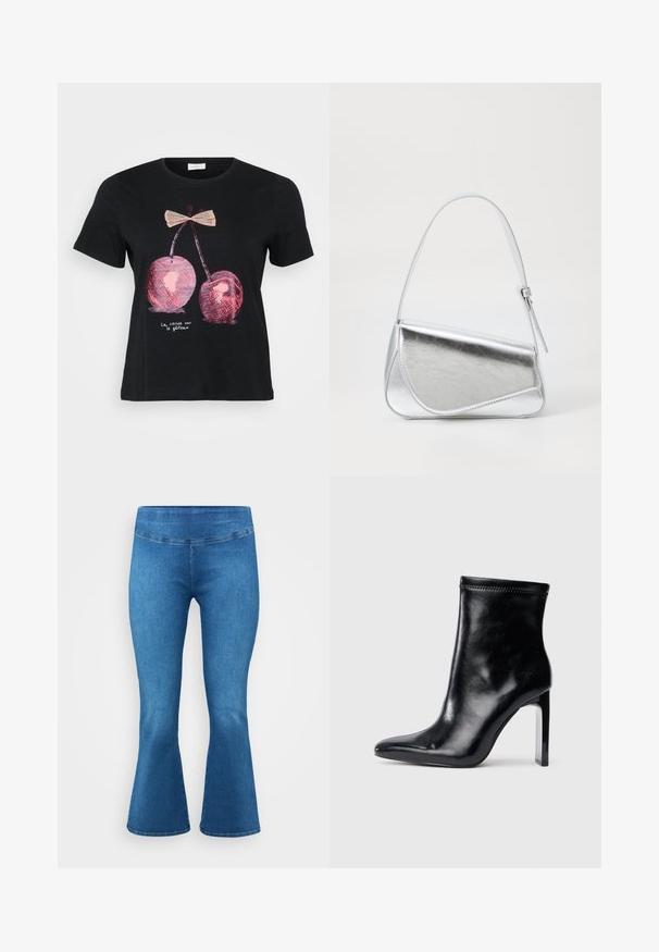 Camiseta negra de manga corta que presenta un gráfico de dos cerezas rosas con un lazo, y el texto "La cerise sur le gâteau" en blanco.; Pantalones de mezclilla azules acampanados con una cintura de altura media, que presentan una textura suave y un diseño clásico de cinco bolsillos. Terminados con un sutil detalle de costura.; Botín de cuero negro hasta el tobillo con punta afilada y tacón transparente alto. Textura suave y detalles mínimos de costura en la parte superior.; Bolso de mano metálico plateado con forma triangular, textura suave y una fina correa de hombro ajustable. Presenta un diseño plegable con costuras.