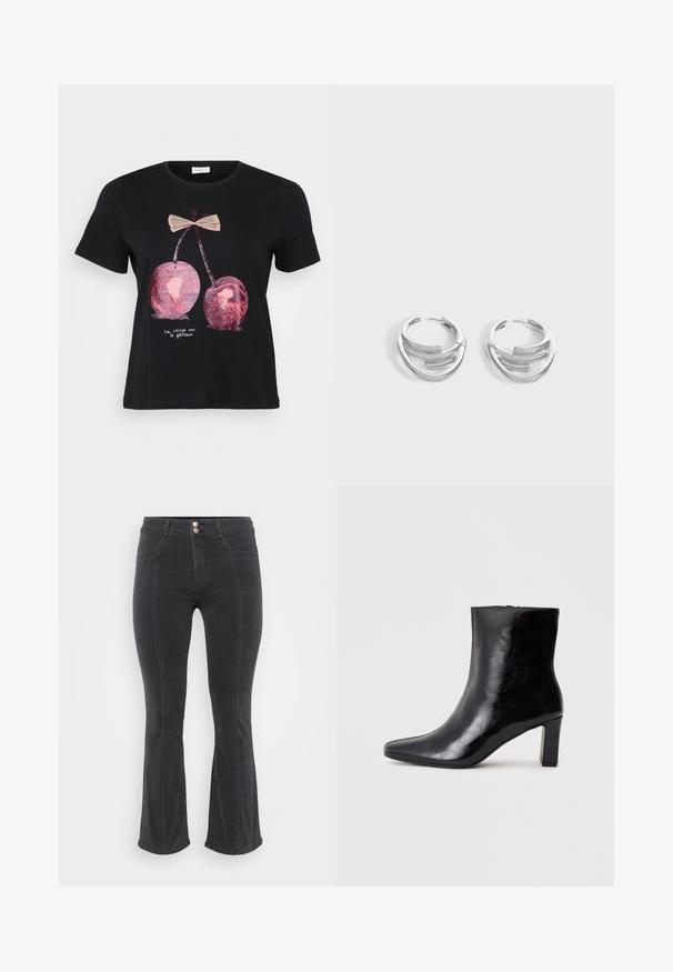 Sort kortærmet t-shirt i sort med et grafik af to pink kirsebær med en sløjfe og teksten "La cerise sur le gâteau" i hvid.; Sorte denim jeans med flared ben og høj talje, der har to forlommer og dobbeltknaplukning, glat tekstur og minimale syninger.; Sorte ankelstøvler lavet af blank læder, med spidse tæer og en mellemstor blokhæl, med en glat tekstur og et enkelt design.; Par polerede sølv hoops øreringe med lagdelt, buet stangdesign på en ensartet lys baggrund.