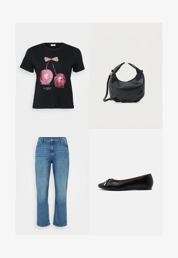 Zwarte t-shirt met korte mouwen, versierd met een afbeelding van twee roze kersen met een strik, en de tekst "La cerise sur le gâteau" in het wit.; Lichtblauwe denim jeans met een recht model, voorzien van vijf zakken, een riemlussen en subtiele vervaging aan de voorkant.; Zwarte leren ballerina met een afgeronde neus, een klein strikje met goudkleurige uiteinden en een lage platte hak op een grijze achtergrond.; Zwart gevlochten lederen handtas met korte handgreep en afneembare schouderriem, getoond tegen een effen lichte achtergrond.