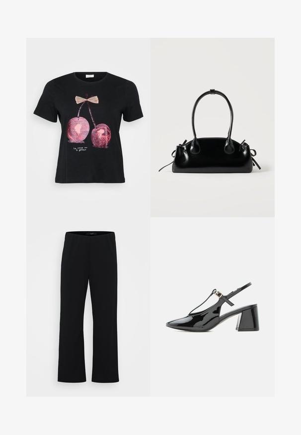 T-shirt noir à manches courtes avec un motif de deux cerises roses ornées d'un nœud, et le texte "La cerise sur le gâteau" en blanc.; Pantalons noirs à jambes larges en tissu doux. Dotés d'une taille élastique et d'une texture lisse. Pas de motifs ni d'accents visibles.; Chaussure slingback en cuir verni noir à petit talon, bout pointu et bride en T avec une petite boucle dorée.; Petit sac à main noir brillant avec deux longues anses et des détails à cordon sur les côtés sur un fond clair uni.