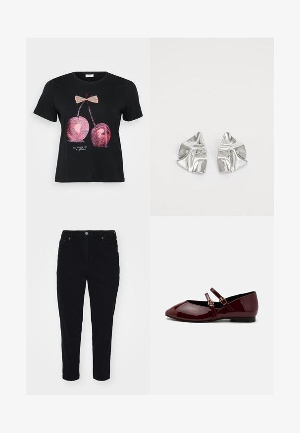 Sort kortærmet t-shirt i sort med et grafik af to pink kirsebær med en sløjfe og teksten "La cerise sur le gâteau" i hvid.; Sorte denimjeans med lige snit, frontlommer og metalknaplukning. Har en ren finish og subtile syningsdetaljer.; Anna Field by Zalando Ballerinasko m/ rem - dark red; Sølvmetal øreringe med et bølgende, skulpturelt design, der har en poleret overflade og uregelmæssige former, hvilket fremhæver en moderne æstetik.
