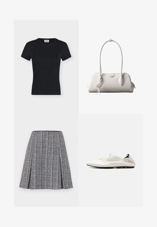 T-shirt noir en maille côtelée à manches courtes avec col rond et étiquette de marque cousue à l'intérieur du col, présenté sur fond gris clair uni.; Jupe en tweed marine avec un motif texturé, silhouette évasée et plis. La taille est noire, mettant en valeur le design de la jupe.; Chaussure blanche minimaliste en cuir à enfiler avec talon rentré, fermeture à lacets et semelle fine noire sur fond uni.; Sac à bandoulière blanc Calvin Klein avec longues poignées, forme rectangulaire, fermeture éclair et charm logo décoratif suspendu près de la poignée.