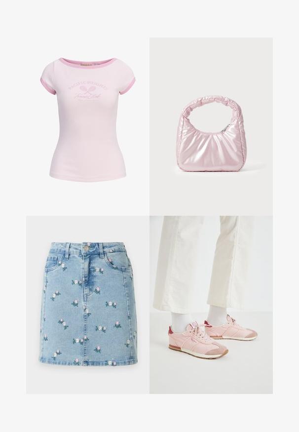 Hellrosa tailliertes Kurzarm-Ripp-T-Shirt mit dunklerem pinkfarbenem Besatz und dem Schriftzug „Pacific Heights Tennis Club San Francisco“ mit gekreuzten Tennisschlägern.; Hellblauer Jeansrock mit bestickten kleinen rosa und weißen Blumen, vorderen Taschen, Gürtelschlaufen und Knopfverschluss.; Rosa Sport Schuhe mit einer Kombination aus glatten und strukturierten Materialien. Merkmale sind ein bordeauxfarbener Akzent an der Ferse und eine weiße Gummisohle.; Rosa, gepolsterte Handtasche mit abgerundeter Form, aus glänzendem Material gefertigt. Verfügt über einen gerafften Griff und einen Reißverschluss für sicheren Zugang.