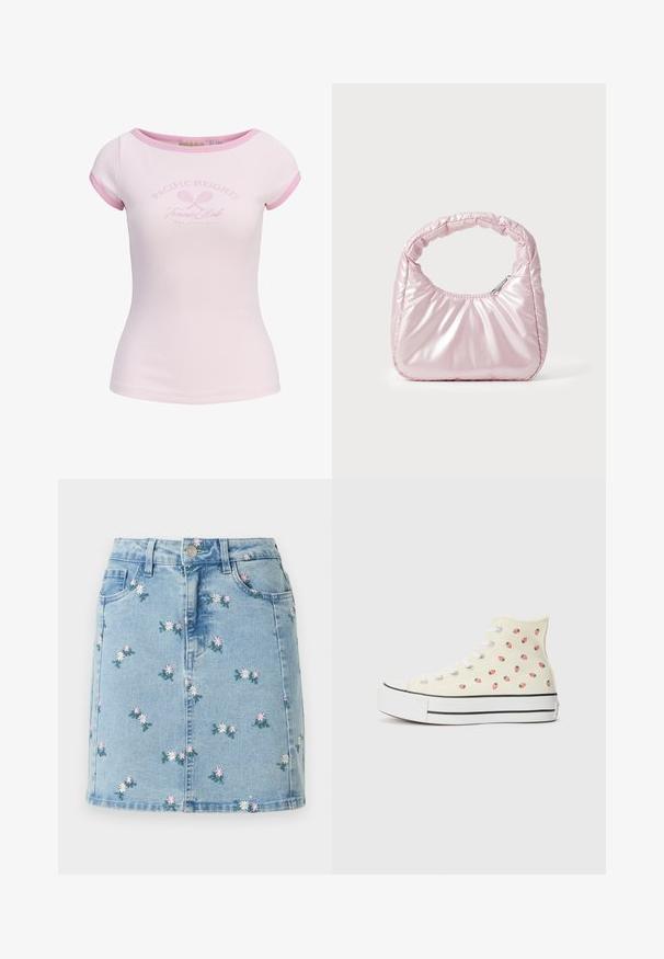 T-shirt côtelé ajusté à manches courtes rose clair avec bordure rose plus foncée et texte « Pacific Heights Tennis Club San Francisco » avec des raquettes de tennis croisées.; Jupe en denim bleu clair avec petites fleurs roses et blanches brodées, poches avant, passants pour ceinture et fermeture par boutons.; Des baskets montantes en toile jaune, ornées d'un motif de petites fraises rouges, avec des lacets blancs et une semelle blanche rayée de noir.; Sac à main rose rembourré avec un design arrondi, fabriqué à partir d'un matériau brillant. Dispose d'une poignée froncée et d'une fermeture éclair pour un accès sécurisé.