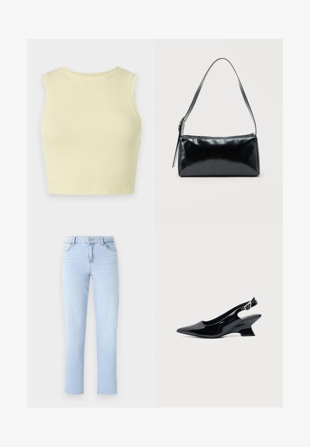 Φωτεινό κίτρινο ριγωτό cropped top με στρογγυλή λαιμόκοψη, χωρίς μανίκια και εφαρμοστή σχεδίαση. Λείος υφασμάτινος συνδυασμός από αναπνέον πλεκτό ύφασμα.; Ανοιχτό μπλε τζιν παντελόνι με ίσια γραμμή, από τζιν ύφασμα, με κανονική μέση, πέντε τσέπες και διακριτές ραφές.; Μαύρο παπούτσι slingback από πατενταρισμένο δέρμα με μυτερή μύτη και χαμηλό κεκλιμένο τακούνι τύπου block σε απλό φωτεινό φόντο.; Μαύρη ορθογώνια τσάντα ώμου με έναν ρυθμιζόμενο ιμάντα και κλείσιμο με φερμουάρ στην κορυφή σε μονόχρωμο φόντο.