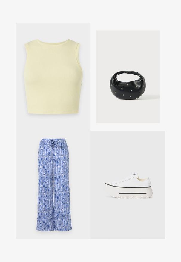 Lichtgele geribde crop top met een ronde halslijn, zonder mouwen en een aansluitend ontwerp. Zachte textuur met een ademende gebreide stof.; Blauwe gestreepte wijde broek met een trekkoord in de taille, gemaakt van lichte stof met witte abstracte lijnontwerpen.; Witte canvas platform sneakers met zwarte rubberen zool, ronde neuskap en metalen oogjes, met een eenvoudig, strak ontwerp.; Zwarte leren handtas met een afgeronde vorm, versierd met zilveren studs, en een korte handgreep. Gladde textuur en ritsluiting.