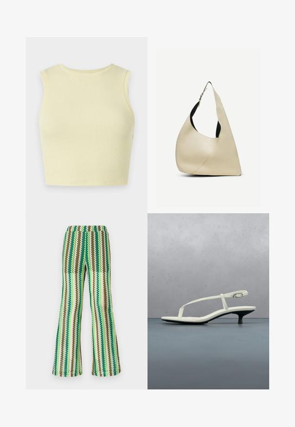 Lysegul ribbet crop top med rund halsudskæring, uden ærmer og med et tætsiddende design. Glat tekstur med et åndbart strikket stof.; Strikkede flared bukser med zigzag-mønster i nuancer af grøn, brun og creme; strækbart taljebånd; struktureret overflade.; Hvid sandal med stropper og kitten-hæl med spids tå, svævende over et trægulv udendørs med en sløret plante og væg i baggrunden.; Skuldertaske i cremelærret glat læder med buet trekantet form og justerbar rem med sølvspænde.