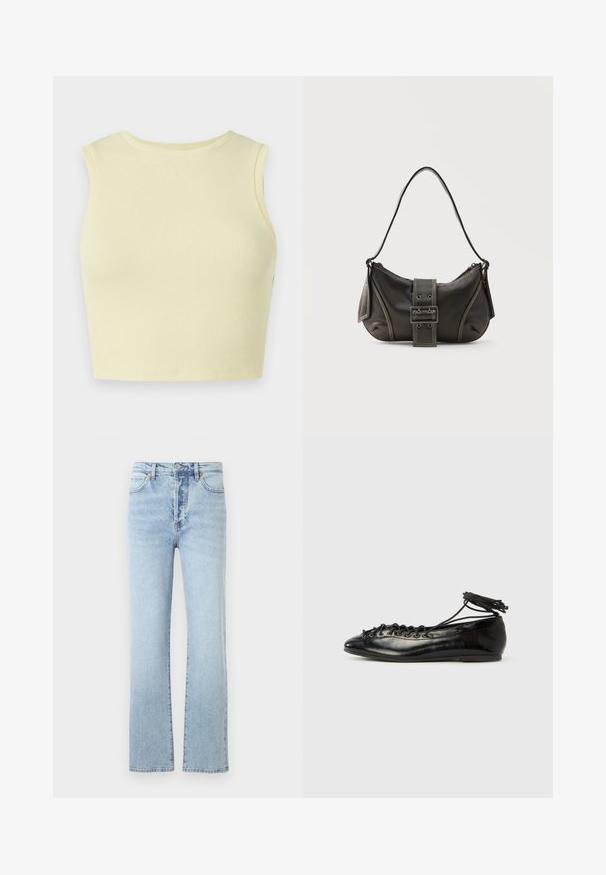 Svetložltý rebrovaný crop top s okrúhlym výstrihom, bez rukávov a priliehavým strihom. Hladká textura s priedušnou pleteninou.; Svetlomodré džíny s rovnými nohavicami, vysokým pásom, klasickým päťvreckovým designom a jemným vyblednutím.; Čierne baleríny z lakovanej kože s okrúhlou špičkou, šnurovačkou a plochou podrážkou. Hladká textúra s minimálnymi detailmi.; Čierna kožená kabelka cez rameno s detailom prackového popruhu, zaoblenými okrajmi a kontrastným bielym prešívaním na jednoduchom pozadí.