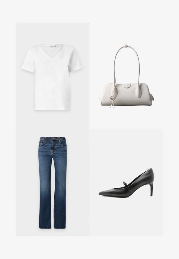 Hvid kortærmet V-hals t-shirt lavet af bomuld, med en blød tekstur og en klassisk pasform. Etiketten er synlig ved halsudskæringen.; Mørkeblå denim jeans med lige ben, høj talje, subtil falmning, fem lommer og metalknaplukning.; Sort læderspids højhælede sko med tynd rem og spænde over vristen, stående på en neutral lys baggrund.; Hvid Calvin Klein skuldertaske med lange håndtag, rektangulær form, lynlåslukning og dekorativt logohæng tæt på håndtaget.