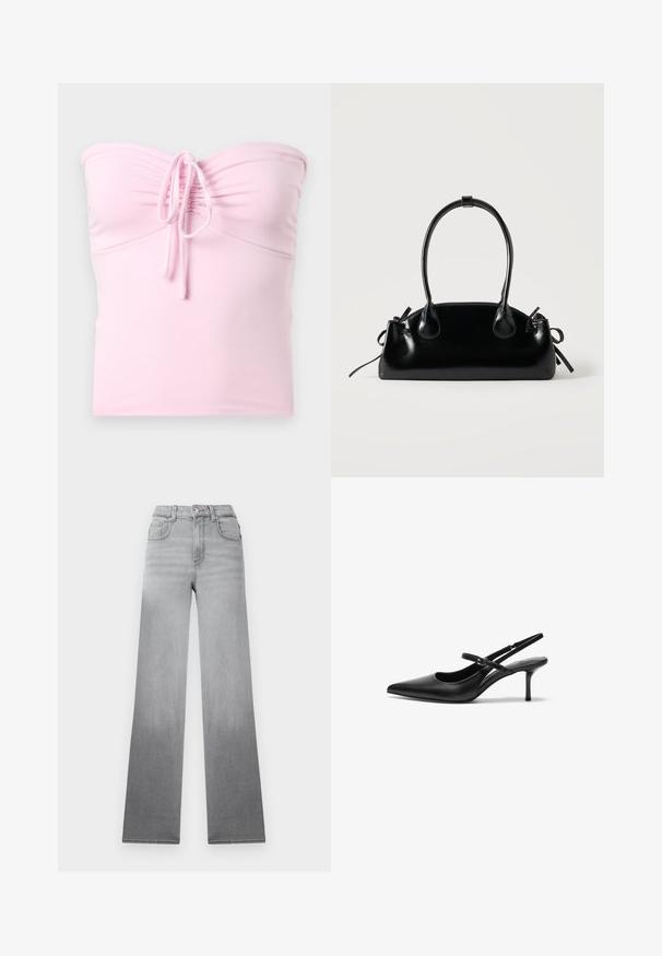 Hollister Co. TIE FRONT TUBE - Top - light pink; Grå jeans med en falmet ombré-effekt, højtaljet design, klassisk fem-lomme stil og lige, brede ben lavet af denimstof.; Sorte læder slingback hæle med spids tå, slank justerbar rem og en stiletto hæl på cirka 5 cm, glat tekstur.; Lille sort blank håndtaske med to lange håndtag og snøre-detaljer i siden på en ensfarvet lys baggrund.