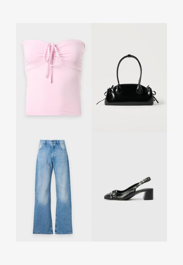 Hollister Co. TIE FRONT TUBE - Top - light pink; Lysblå denim flared jeans med høj talje, fem lommer og klassisk knaplukning. Har diskret slid og en afslappet pasform.; Sorte læder slingback hæl med spids tå, tekstureret rem med cirkulære metalliske accenter, og en stablet blokhæl.; Lille sort blank håndtaske med to lange håndtag og snøre-detaljer i siden på en ensfarvet lys baggrund.