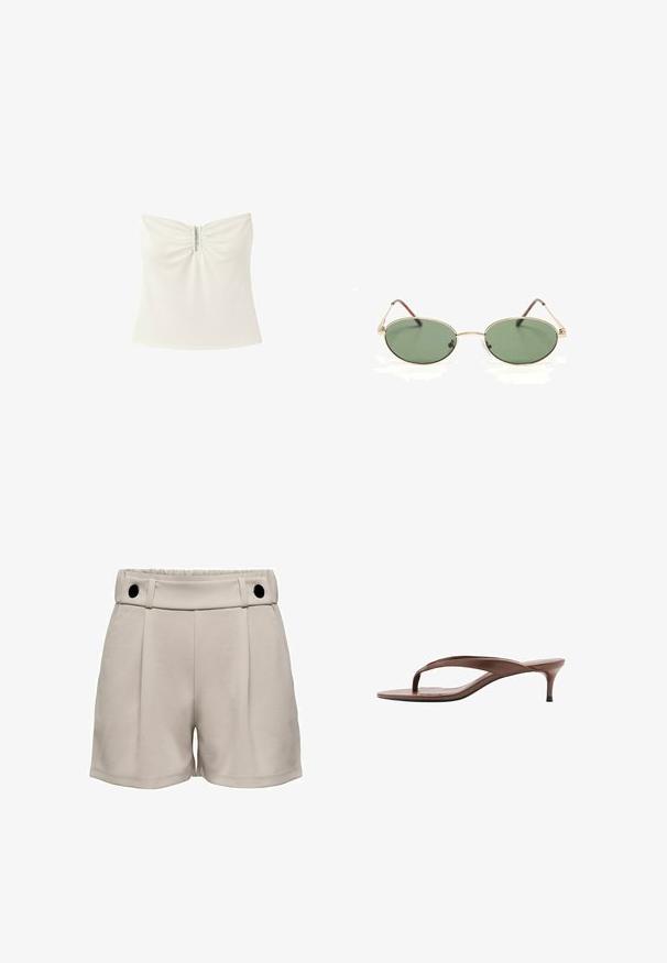 Top blanc sans bretelles avec un détail froncé au centre et une petite fente verticale à l'encolure, tissu lisse et coupe ajustée.; Shorts beige clair avec taille haute, devant plissé et deux boutons noirs à la taille. Texture douce et design décontracté.; Sandale en cuir marron avec lanière, petit talon « kitten » et bout carré, vue de profil sur fond blanc.; Lunettes de soleil ovales à monture en métal doré avec des verres teintés verts et des branches fines reposant sur une surface blanche.