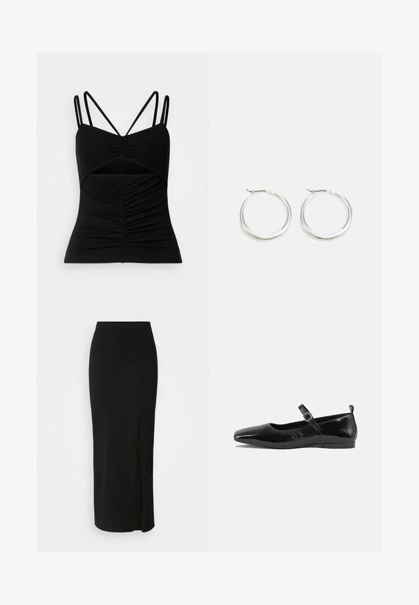 Haut sans manches noir avec des bretelles fines ajustables, présentant un design froncé à l'avant et une découpe au niveau de la taille.; Jupe noire, de longueur genou, fabriquée en tissu doux et extensible. Elle possède une taille ajustée et une fente sur le côté pour faciliter les mouvements.; Chaussure plate en cuir verni noir avec un bout pointu, une sangle de cheville avec boucles, et une texture lisse et brillante. Talon bas pour le confort.; Les boucles d'oreilles en argent en forme de créole présentent un design lisse et arrondi avec un profil fin et un fermoir sécurisé. Style minimaliste avec une finition polie.