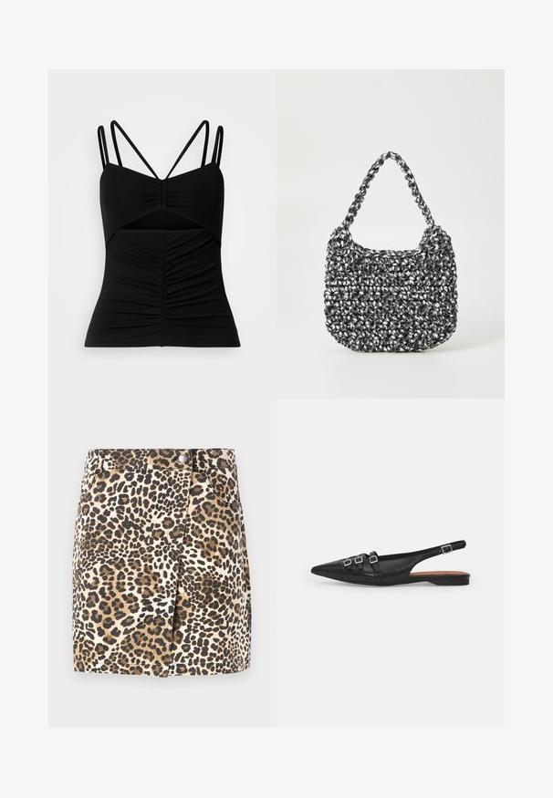 Zwarte mouwloze top met verstelbare dunne bandjes, met een gerimpeld ontwerp aan de voorkant en een uitsnijding in het midden.; JDY JDYRAY Short - Minirok - pumice stone; Zwarte leren slingback ballerina met spitse neus, voorzien van twee horizontale bandjes en vierkante zilveren gespen, lage hak en een gladde textuur.; Geweven handtas in zwart en wit met een ronde vorm, gestructureerd oppervlak en een gevlochten handvat. Geschikt voor dagelijks gebruik.