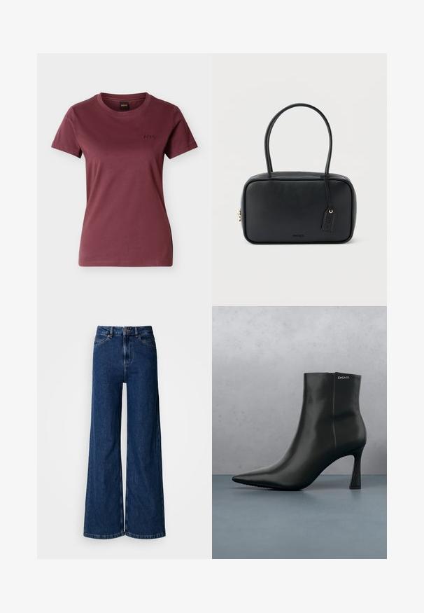 Dames T-shirt met korte mouwen in bordeauxrood, ronde hals en klein geborduurd "BOSS"-logo op de linkerborst.; Wijd uitlopende jeans met een donkere wassing, gemaakt van denim, met een hoge taille, klassiek ontwerp met vijf zakken en subtiele stiksel details langs de naden.; Zwarte leren enkellaars met spitse neus en een geometrische hak. Heeft subtiele branding en een gladde textuur. De achtergrond heeft getextureerde tegels.; Zwarte rechthoekige handtas met dubbele afgeronde handvaten, gouden ritssluiting en geperst "HUGO" logo aan de voorkant met een aangehecht lederen label.