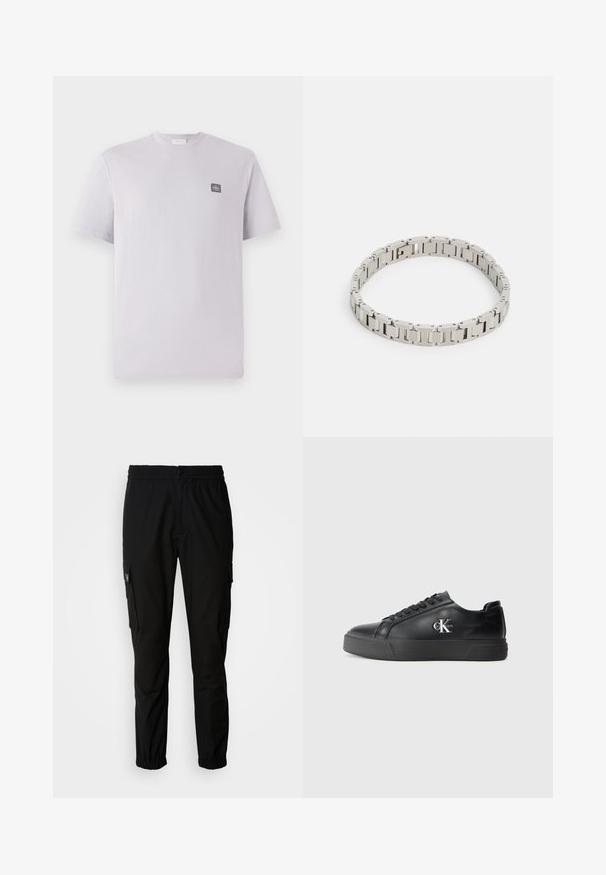 Camiseta de manga corta en lavanda claro, hecha de algodón, con cuello redondo y un pequeño parche de logo oscuro en el lado izquierdo del pecho. Textura suave.; Pantalones cargo negros de tela, con cintura elástica, cierre de botón y múltiples bolsillos laterales con solapas.; Zapatilla de cuero negro con punta redondeada, suela negra plana y cordones tonales. Presenta un logo plateado en el costado, con una textura suave en toda su superficie.; Pulsera de metal plateado con eslabones rectangulares, un acabado pulido y pequeños acentos circulares, diseñada para un ajuste ceñido alrededor de la muñeca.